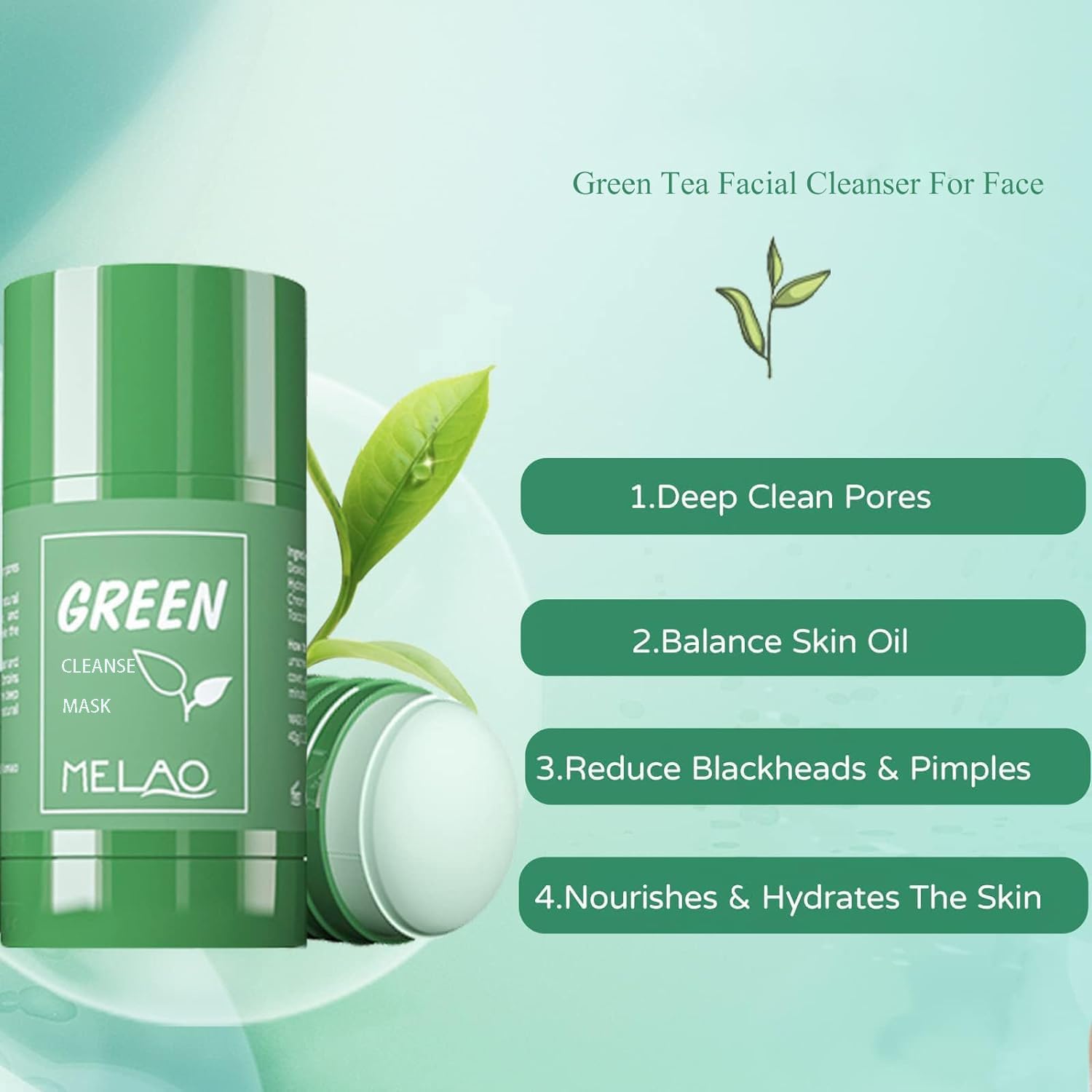 Melao Green Clay Mask for Face, Poreless Deep Cleanse Mask, Blackhead Remover with Green Tea Extract, Deep Pore Cleansing, Moisturizing & Oil Control Green Tea Facial Cleanser for All Skin Ty
